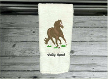 Load image into Gallery viewer, White hand towel - farmhouse decor - embroidered horse design - western gifts country decor - wedding gift new couple - bathroom or kitchen  - gift for a horse loving family - Borgmanns Creations 5
