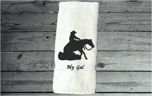 White bath hand towel western theme decor - gift for her - friend that enjoy horse competition - personalized gift - bathroom or kitchen - housewarming gift -  barn towel horse supplies - Borgmanns Creations 1
