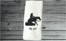 Load image into Gallery viewer, White bath hand towel western theme decor - gift for her - friend that enjoy horse competition - personalized gift - bathroom or kitchen - housewarming gift -  barn towel horse supplies - Borgmanns Creations 1
