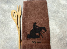 Load image into Gallery viewer, Brown bath hand towel western theme decor - gift for her - friend that enjoy horse competition - personalized gift - bathroom or kitchen - housewarming gift -  barn towel horse supplies - Borgmanns Creations 3
