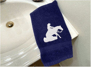 Blue bath hand towel western theme decor - gift for her - friend that enjoy horse competition - personalized gift - bathroom or kitchen - housewarming gift -  barn towel horse supplies - Borgmanns Creations 4