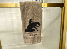 Load image into Gallery viewer, Beige bath hand towel western theme decor - gift for her - friend that enjoy horse competition - personalized gift - bathroom or kitchen - housewarming gift -  barn towel horse supplies - Borgmanns Creations 5
