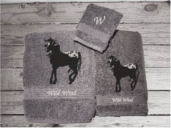 Gray bath towel set or individual towels, embroidered Appaloosa horse is the perfect design for the horse loving family, that western decor. This Luxury horse towel set of 3 towels 1 bath towel, 1 hand towel, 1 wash cloth. You can personalize the towel set with a name and an initial on the wash cloth or just the designs. Borgmanns Creations 1