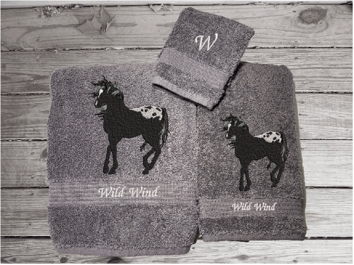 Gray bath towel set or individual towels, embroidered Appaloosa horse is the perfect design for the horse loving family, that western decor. This Luxury horse towel set of 3 towels 1 bath towel, 1 hand towel, 1 wash cloth. You can personalize the towel set with a name and an initial on the wash cloth or just the designs. Borgmanns Creations 1