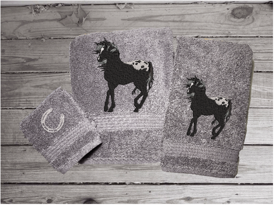 Gray bath towel set or individual towels, embroidered Appaloosa horse is the perfect design for the horse loving family, that western decor. This Luxury horse towel set of 3 towels 1 bath towel, 1 hand towel, 1 wash cloth. You can personalize the towel set with a name and an initial on the wash cloth or just the designs. Borgmanns Creations 2