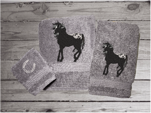 Load image into Gallery viewer, Gray bath towel set or individual towels, embroidered Appaloosa horse is the perfect design for the horse loving family, that western decor. This Luxury horse towel set of 3 towels 1 bath towel, 1 hand towel, 1 wash cloth. You can personalize the towel set with a name and an initial on the wash cloth or just the designs. Borgmanns Creations 2
