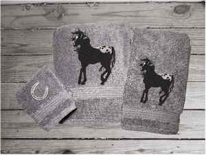 Gray bath towel set or individual towels, embroidered Appaloosa horse is the perfect design for the horse loving family, that western decor. This Luxury horse towel set of 3 towels 1 bath towel, 1 hand towel, 1 wash cloth. You can personalize the towel set with a name and an initial on the wash cloth or just the designs. Borgmanns Creations 2