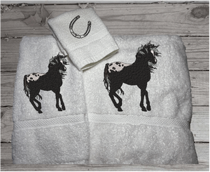 White bath towel set or individual towels, embroidered Appaloosa horse is the perfect design for the horse loving family, that western decor. This Luxury horse towel set of 3 towels 1 bath towel, 1 hand towel, 1 wash cloth. You can personalize the towel set with a name and an initial on the wash cloth or just the designs - Borgmanns Creations -2