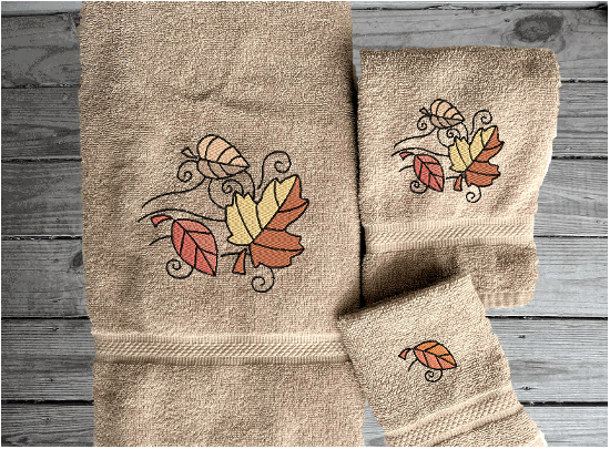 Beige beige bath towel set or individual towels, Fall leaves design is the perfect design for the country living family, that likes the outdoor life, for that farmhouse decor. This Luxury western theme towel set of 3 towels 1 bath towel, 1 hand towel, 1 wash cloth.  -Borgmanns Creations 2 