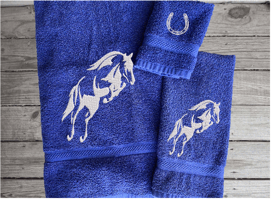 Blue bath towel set or individual towels, embroidered jumping horse is the perfect design for the horse living family, that English decor. This Luxury horse towel set of 3 towels 1 bath towel, 1 hand towel, 1 wash cloth. Personalize the towel set with a name and an initial on the wash cloth or just the designs - Borgmanns Creations - 2