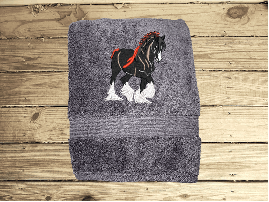 Gray bath towel, Clydesdale design is the perfect design for the western farmhouse family, that has a team of horses for pulling a wagon. This Luxury western towel bath towel 27" x 55" .  Borgmanns Creations