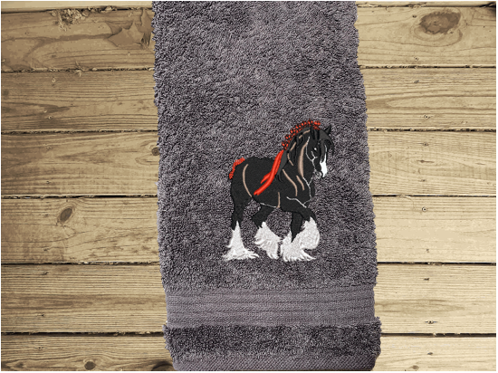 Gray hand Clydesdale design is the perfect design for the western farmhouse family, that has a team of horses for pulling a wagon. This Luxury western towel hand towel 16" x 27" . Borgmanns Creations