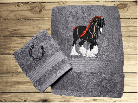 Gray bath towel and washcloth, Clydesdale design is the perfect design for the western farmhouse family, that has a team of horses for pulling a wagon. This Luxury western towel bath towel 27" x 55", washcloth 13" x 13"  . Borgmanns Creations