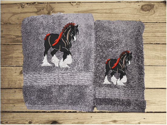 Gray bath towel and hand towel, Clydesdale design is the perfect design for the western farmhouse family, that has a team of horses for pulling a wagon. This Luxury western bath towel 27" x 55" , hand towel 16" x 27". Borgmanns Creations