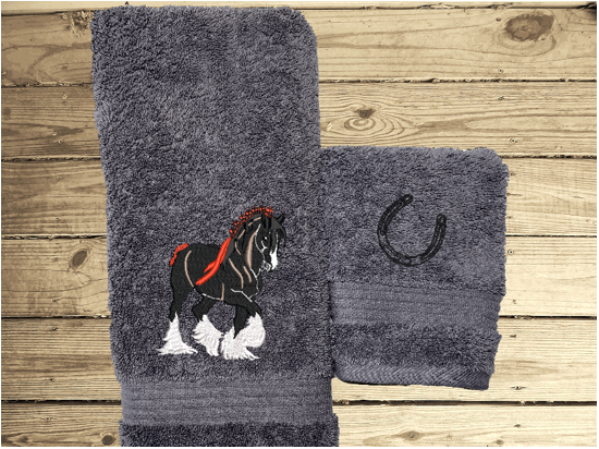 Gray hand towel and washcloth, embroidered Clydesdale design is the perfect design for the western farmhouse family, that has a team of horses for pulling a wagon,  This Luxury western bath towel 16" x 27"  has an embroidered horwe and washcloh 13" x 13" has an embroidered horseshoe . Borgmanns Creations