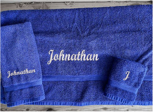 Blue personalized luxury soft and absorbent bath towel set has 3 towels 1 bath towel 27" x 50", 1 hand towel 16" x 27",1 wash cloth13" x 13" - you can personalize the towel set with embroidered name for that special wedding gift or housewarming gift - Borgmanns Creations - 1