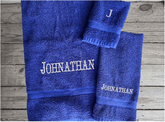 Blue personalized luxury soft and absorbent bath towel set has 3 towels 1 bath towel 27" x 50", 1 hand towel 16" x 27",1 wash cloth13" x 13" - you can personalize the towel set with embroidered  name for that special wedding gift or housewarming gift - Borgmanns Creations - 2