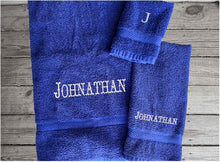 Load image into Gallery viewer, Blue personalized luxury soft and absorbent bath towel set has 3 towels 1 bath towel 27&quot; x 50&quot;, 1 hand towel 16&quot; x 27&quot;,1 wash cloth13&quot; x 13&quot; - you can personalize the towel set with embroidered  name for that special wedding gift or housewarming gift - Borgmanns Creations - 2
