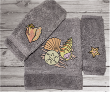Load image into Gallery viewer, Luxury Turkish Cotton gray bath towel set with embroidered sea shells for your lake home decor. This bath towel set has 1 bath towel 27&quot;x 55&quot;, 1 hand towel 15&quot;x28&quot; and 1 washcloth 13&quot;x13&quot;, you can personalize it with your name or give as a housewarming gift or wedding gift for a friend. Borgmanns Creations 1
