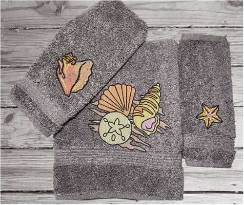 Luxury Turkish Cotton gray bath towel set with embroidered sea shells for your lake home decor. This bath towel set has 1 bath towel 27