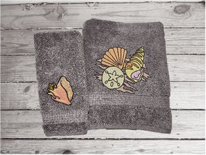 Gray hand towel 15" x 28" with bath towel 27" x 55"  embroidered sea shells is can be purchased with a washcloth 13" x 13" as a set. Personalized bathroom lake decor wonderful towel set for your home decor, housewarming gift or wedding gift. Borgmanns Creations 6