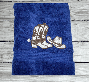 Bath Towel Set Or Individual Blue Towels Embroidered Cowboy Hat and Boots