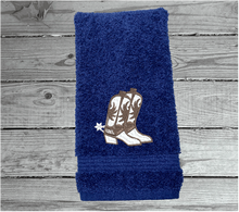 Load image into Gallery viewer, Bath Towel Set Or Individual Blue Towels Embroidered Cowboy Hat and Boots
