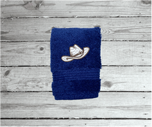 Load image into Gallery viewer, Bath Towel Set Or Individual Blue Towels Embroidered Cowboy Hat and Boots
