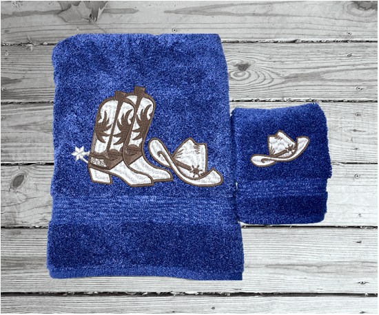 Bath Towel Set Or Individual Blue Towels Embroidered Cowboy Hat and Boots