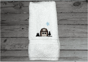 Christmas Barn - Embroidered White Bath Towels
