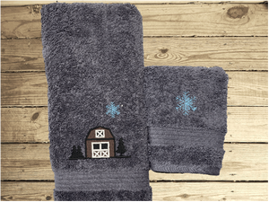 Christmas Barn - Embroidered Gray Bath Towel Set Or Individual Towels