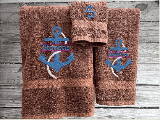 Brown bath towel set or individual towels, personalized name on anchor. This Luxury towel set of 3 towels 1 bath towel 27" x 50",1 hand towel 16" x 27", 1 washcloth 13" x 13". Perfect design for your home, lake home or as a gift for a friend. Premium soft and absorbent towels make a wonderful home decor gift for a friend.  - Borgmanns Creations - 1