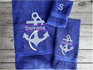 Blue bath towel set or individual towels, personalized name on anchor. This Luxury towel set of 3 towels 1 bath towel 27" x 50",1 hand towel 16" x 27", 1 washcloth 13" x 13". Perfect design for your home, lake home or as a gift for a friend. Premium soft and absorbent towels make a wonderful home decor gift for a friend.  - Borgmanns Creations - 2