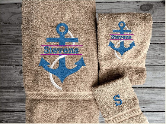 Beige bath towel set or individual towels, personalized name on anchor. This Luxury towel set of 3 towels 1 bath towel 27" x 50",1 hand towel 16" x 27", 1 washcloth 13" x 13". Perfect design for your home, lake home or as a gift for a friend. Premium soft and absorbent towels make a wonderful home decor gift Beige Bfor a friend.  - Borgmanns Creations - 3