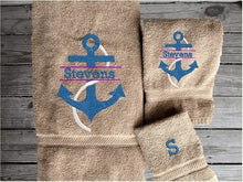 Load image into Gallery viewer, Beige bath towel set or individual towels, personalized name on anchor. This Luxury towel set of 3 towels 1 bath towel 27&quot; x 50&quot;,1 hand towel 16&quot; x 27&quot;, 1 washcloth 13&quot; x 13&quot;. Perfect design for your home, lake home or as a gift for a friend. Premium soft and absorbent towels make a wonderful home decor gift Beige Bfor a friend.  - Borgmanns Creations - 3
