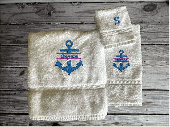 White bath towel set or individual towels, personalized name on anchor. This Luxury towel set of 3 towels 1 bath towel 27" x 50",1 hand towel 16" x 27", 1 washcloth 13" x 13". Perfect design for your home, lake home or as a gift for a friend. Premium soft and absorbent towels make a wonderful home decor gift for a friend.  - Borgmanns Creations - 5