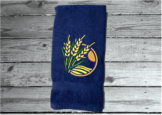 Blue hand towel - embroidered wheat design -  bathroom or kitchen farmhouse decor,- personalized with name or text - Borgmanns Creations 1