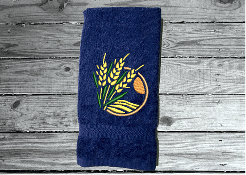 Blue hand towel - embroidered wheat design -  bathroom or kitchen farmhouse decor,- personalized with name or text - Borgmanns Creations 1