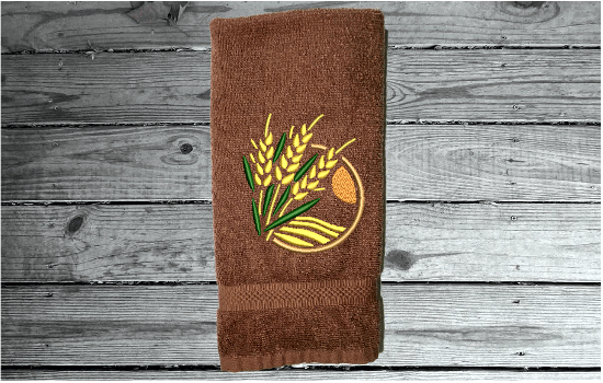 Brown hand towel - embroidered wheat design -  bathroom or kitchen farmhouse decor,- personalized with name or text - Borgmanns Creations 3