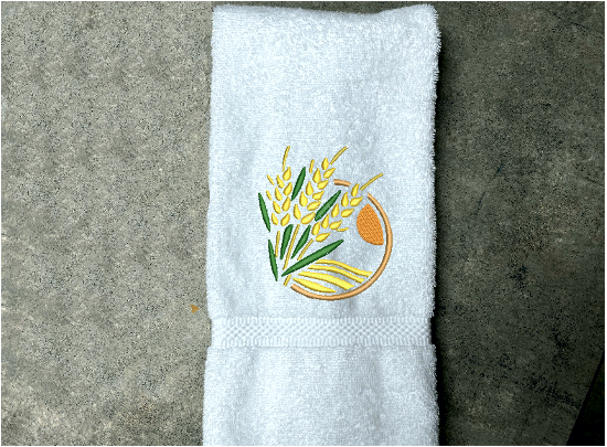 White  hand towel - embroidered wheat design -  bathroom or kitchen farmhouse decor,- personalized with name or text - Borgmanns Creations 5