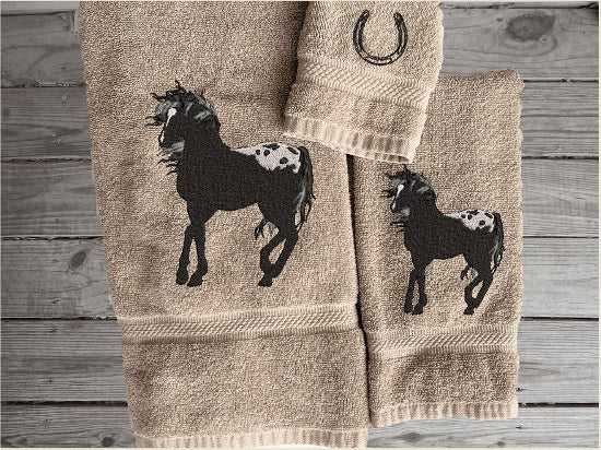 Beige bath towel set or individual towels, embroidered Appaloosa horse is the perfect design for the horse loving family, that western decor. This Luxury horse towel set of 3 towels 1 bath towel, 1 hand towel, 1 wash cloth. You can personalize the towel set with a name and an initial on the wash cloth or just the designs - Borgmanns Creations -2