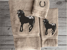 Load image into Gallery viewer, Beige bath towel set or individual towels, embroidered Appaloosa horse is the perfect design for the horse loving family, that western decor. This Luxury horse towel set of 3 towels 1 bath towel, 1 hand towel, 1 wash cloth. You can personalize the towel set with a name and an initial on the wash cloth or just the designs - Borgmanns Creations -2
