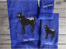 Load image into Gallery viewer, Blue bath towel set or individual towels, embroidered Appaloosa horse is the perfect design for the horse living family, that western decor. This Luxury horse towel set of 3 towels 1 bath towel, 1 hand towel, 1 wash cloth. You can personalize the towel set with a name and an initial on the wash cloth or just the designs - Borgmanns Creations - 1
