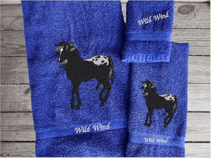 Blue bath towel set or individual towels, embroidered Appaloosa horse is the perfect design for the horse living family, that western decor. This Luxury horse towel set of 3 towels 1 bath towel, 1 hand towel, 1 wash cloth. You can personalize the towel set with a name and an initial on the wash cloth or just the designs - Borgmanns Creations - 1