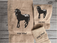 Load image into Gallery viewer, Beige bath towel set or individual towels, embroidered Appaloosa horse is the perfect design for the horse loving family, that western decor. This Luxury horse towel set of 3 towels 1 bath towel, 1 hand towel, 1 wash cloth. You can personalize the towel set with a name and an initial on the wash cloth or just the designs - Borgmanns Creations -1
