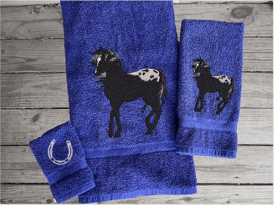 Blue bath towel set or individual towels, embroidered Appaloosa horse is the perfect design for the horse living family, that western decor. This Luxury horse towel set of 3 towels 1 bath towel, 1 hand towel, 1 wash cloth. You can personalize the towel set with a name and an initial on the wash cloth or just the designs - Borgmanns Creations - 2