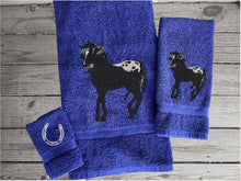 Load image into Gallery viewer, Blue bath towel set or individual towels, embroidered Appaloosa horse is the perfect design for the horse living family, that western decor. This Luxury horse towel set of 3 towels 1 bath towel, 1 hand towel, 1 wash cloth. You can personalize the towel set with a name and an initial on the wash cloth or just the designs - Borgmanns Creations - 2
