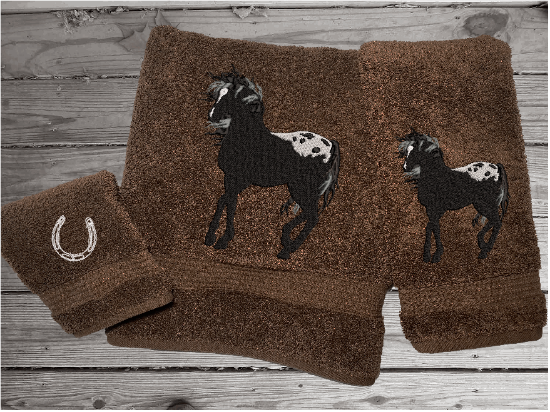 Brown Bath towel set or individual towels, embroidered Appaloosa horse is the perfect design for the horse living family, that western decor. This Luxury horse towel set of 3 towels 1 bath towel, 1 hand towel, 1 wash cloth. You can personalize the towel set with a name and an initial on the wash cloth or just the designs. Borgmanns Creations 2
