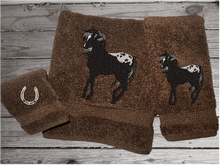 Load image into Gallery viewer, Brown Bath towel set or individual towels, embroidered Appaloosa horse is the perfect design for the horse living family, that western decor. This Luxury horse towel set of 3 towels 1 bath towel, 1 hand towel, 1 wash cloth. You can personalize the towel set with a name and an initial on the wash cloth or just the designs. Borgmanns Creations 2
