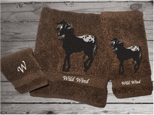 Load image into Gallery viewer, Brown Bath towel set or individual towels, embroidered Appaloosa horse is the perfect design for the horse living family, that western decor. This Luxury horse towel set of 3 towels 1 bath towel, 1 hand towel, 1 wash cloth. You can personalize the towel set with a name and an initial on the wash cloth or just the designs. Borgmanns Creations 1
